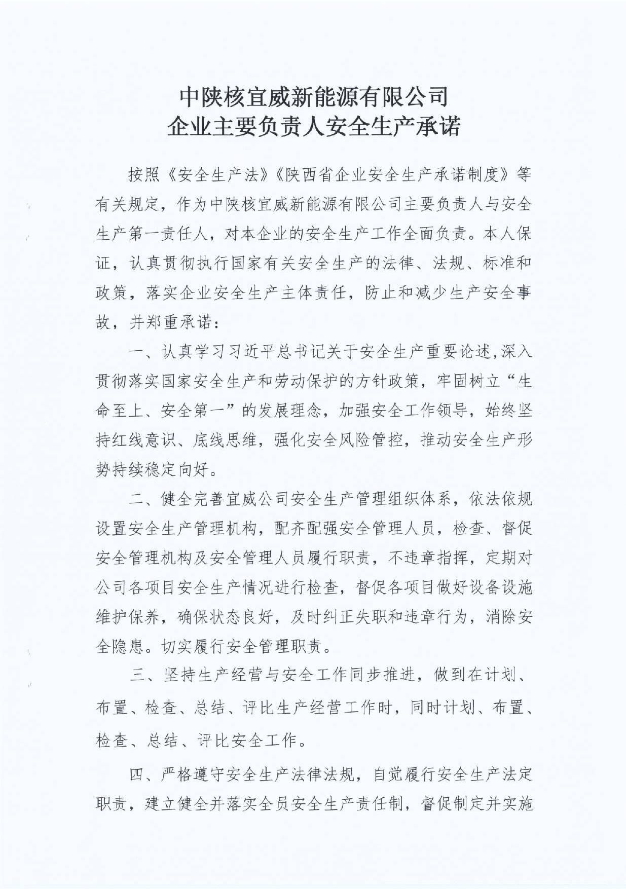 中陜核宜威新能源有限公司-企業(yè)主要負(fù)責(zé)人安全生產(chǎn)承諾